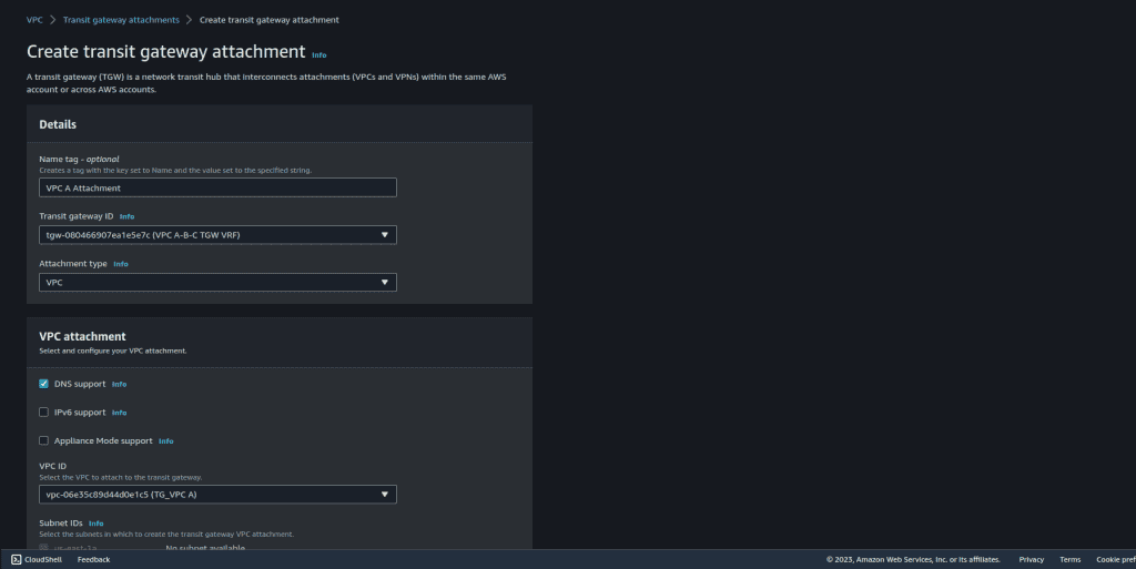 Configuring transit gateway attachment details