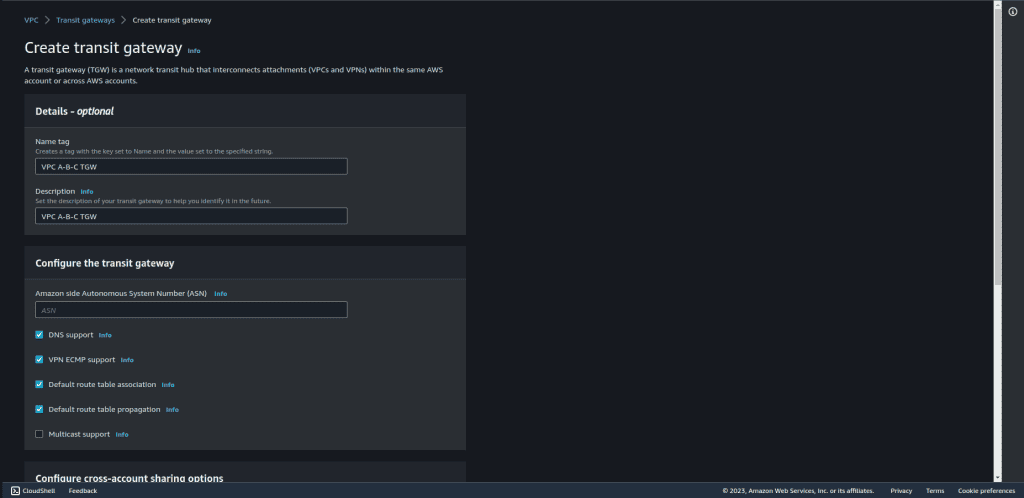 Configuring transit gateway details