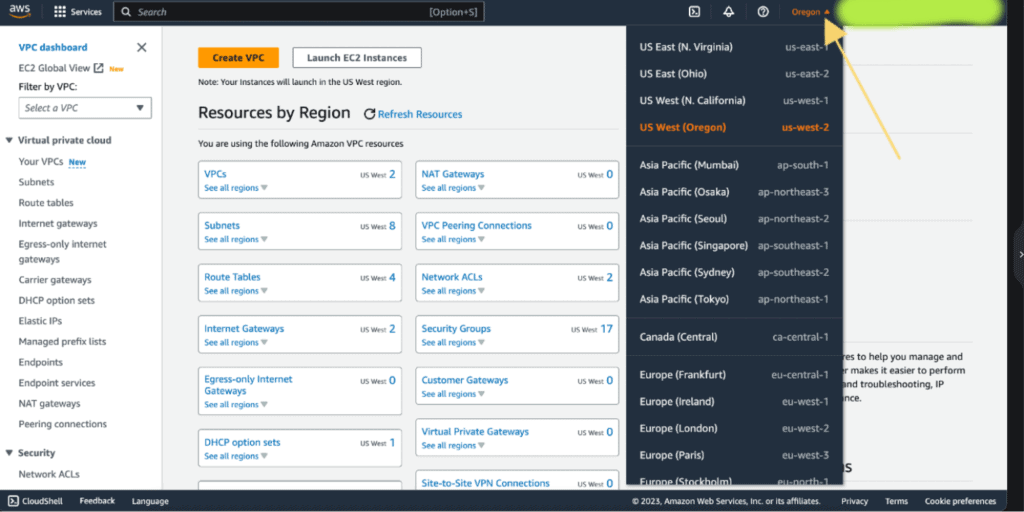 Screenshot showing setting region for VPC in AWS