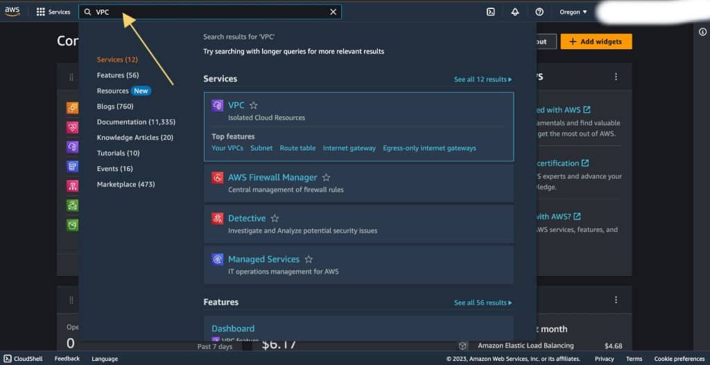 Screenshot showing navigating to VPC dashboard in AWS