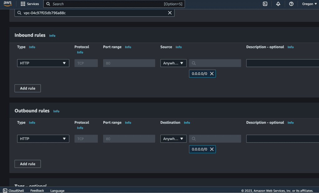 Screenshot showing inbound and outbound rules for security group for a VPC on AWS