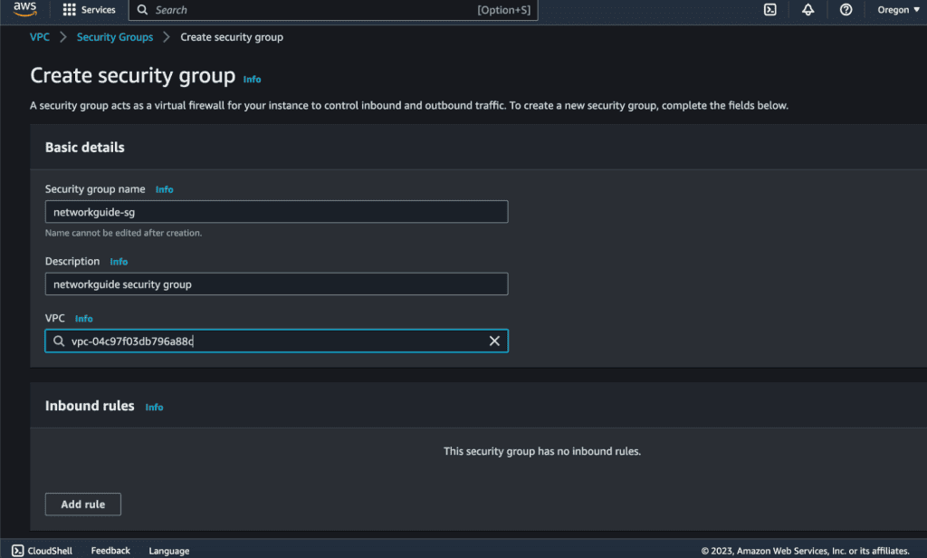 Screenshot showing security group settings for VPC in AWS
