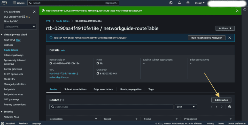 Screenshot showing how to edit routes in route table for VPC in AWS