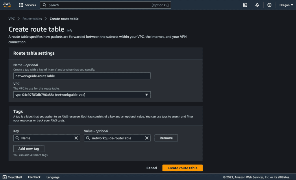 Screenshot showing route table settings for VPC in AWS