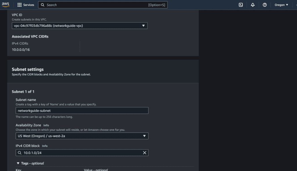 Screenshot showing individual settings for subnet for VPC in AWS