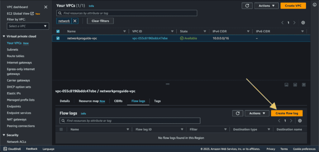 Screenshot showing Creating flow log in AWS.