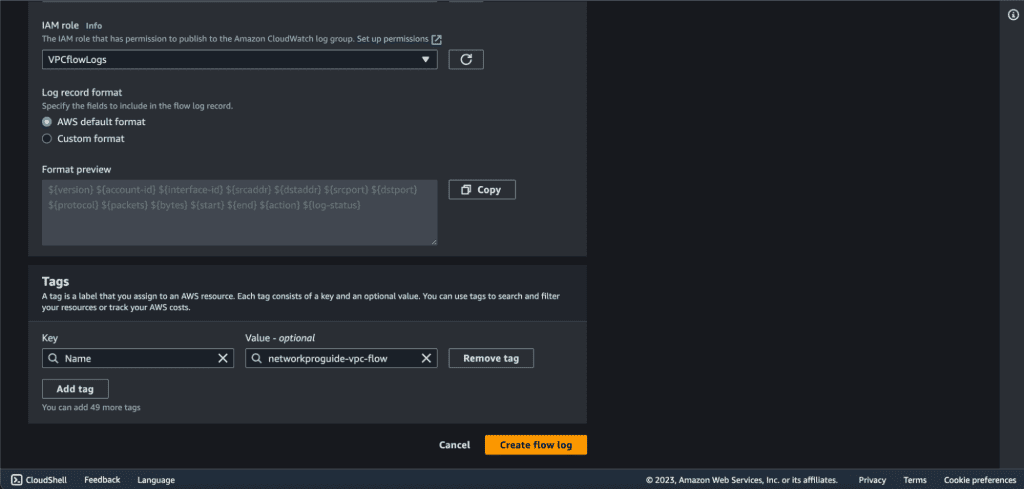 Screenshot showing Creating new flow log in AWS.