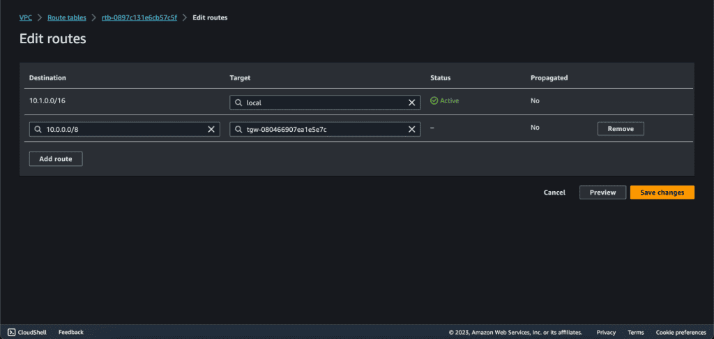 Editing private subnet route table of VPC A
