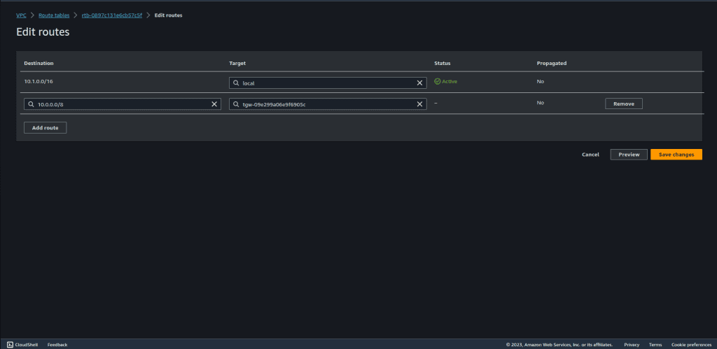 Editing private subnet route table of VPC A