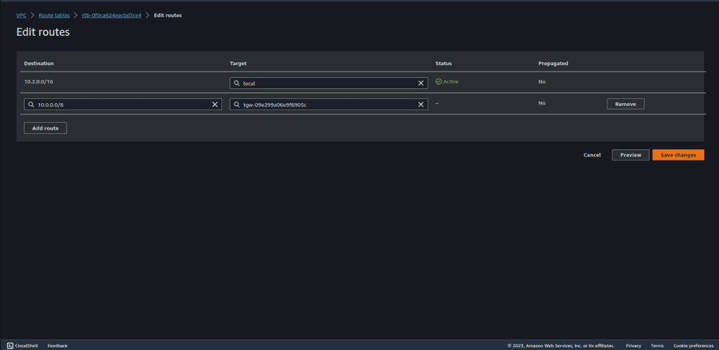 Editing private subnet route table of VPC B