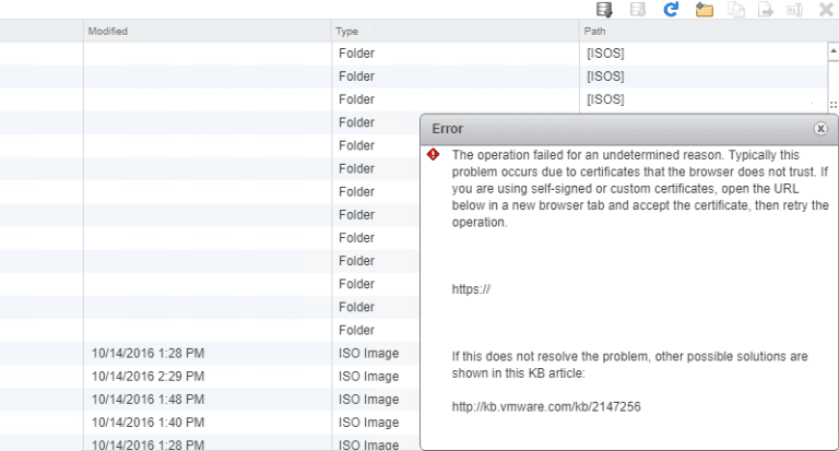 Error received with trying to upload a file to a vmware datastore in vcenter.