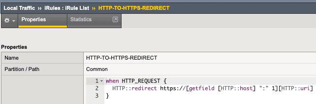 Screenshot showing F5 Big IP with simple http-to-https redirect iRule