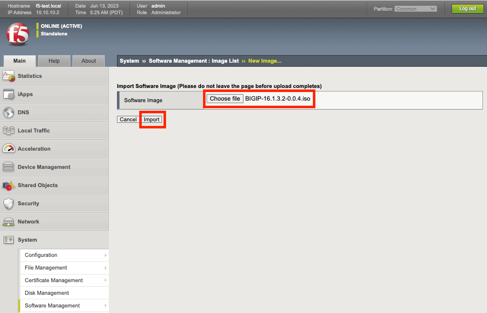 F5 Big-IP Selecting the software ISO file for uploading to the device