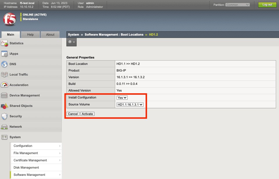 F5 Big-IP Select the right source volume and install configuration