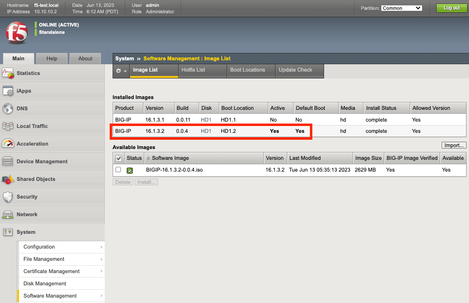 F5 Big-IP Verifying that the new software boot location is active