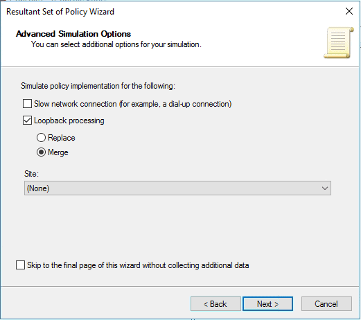 Screenshot showing generate rsop data planning mode loopback simulation