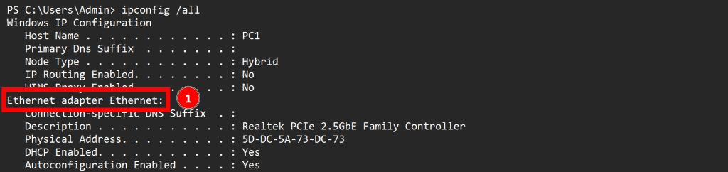 Typing ipconfig /all command into powershell window and highlighting the adapter name.