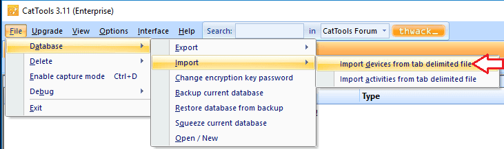 Screenshot showing kiwi cattols database import devices