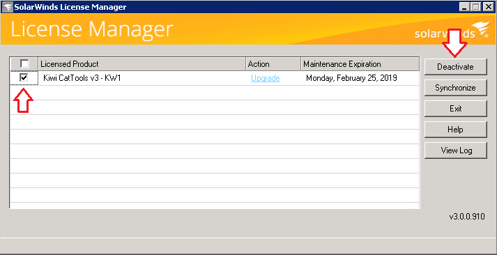 Screenshot showing kiwi cattols license manager deactivate