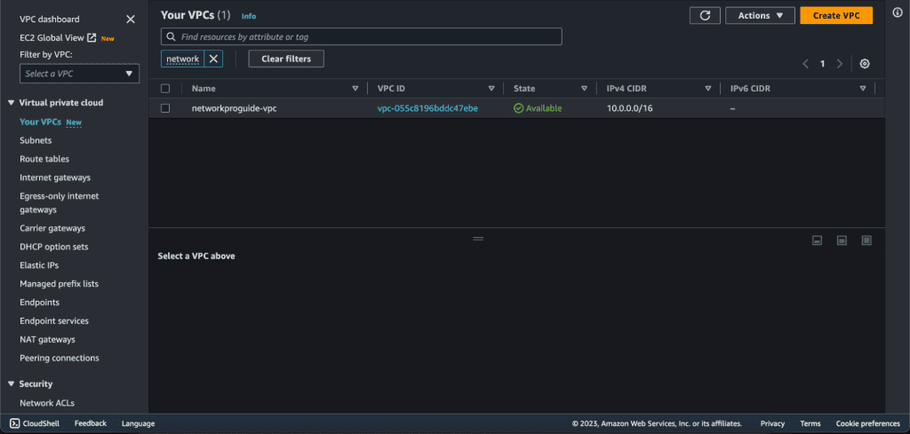 Screenshot showing List of VPCs in AWS.