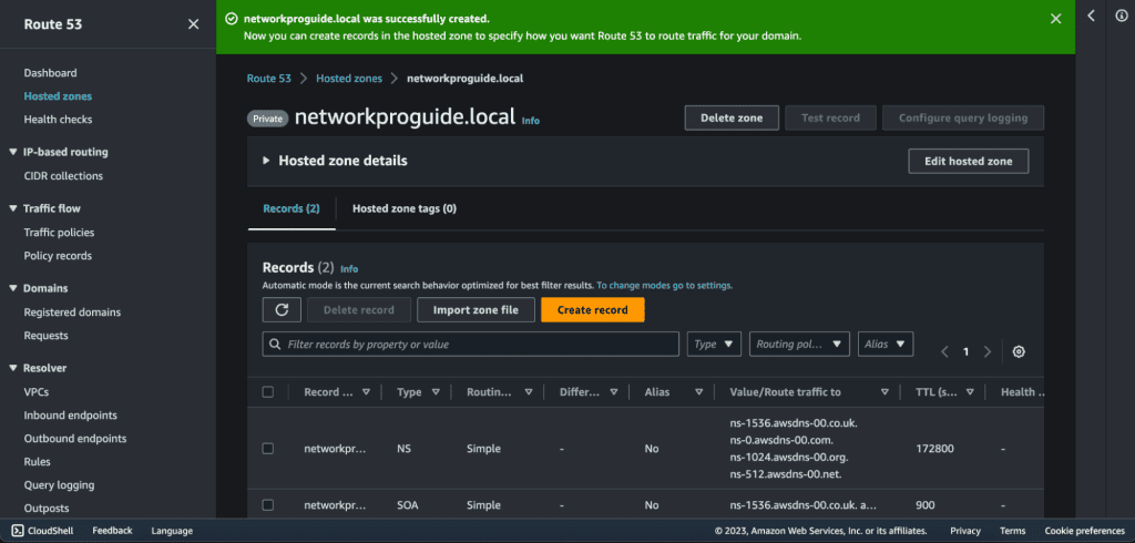 The local domain was created successfully 