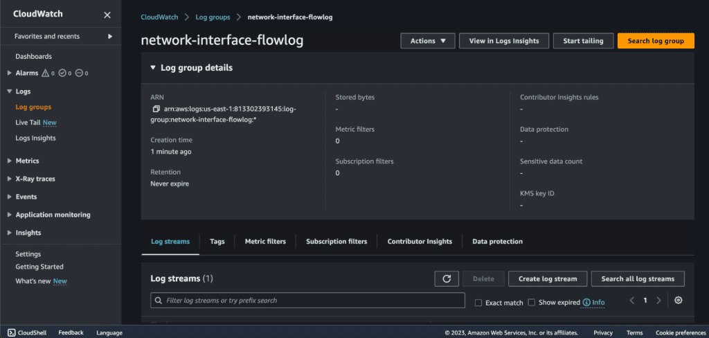 Screenshot showing Logs of the network interface in AWS.