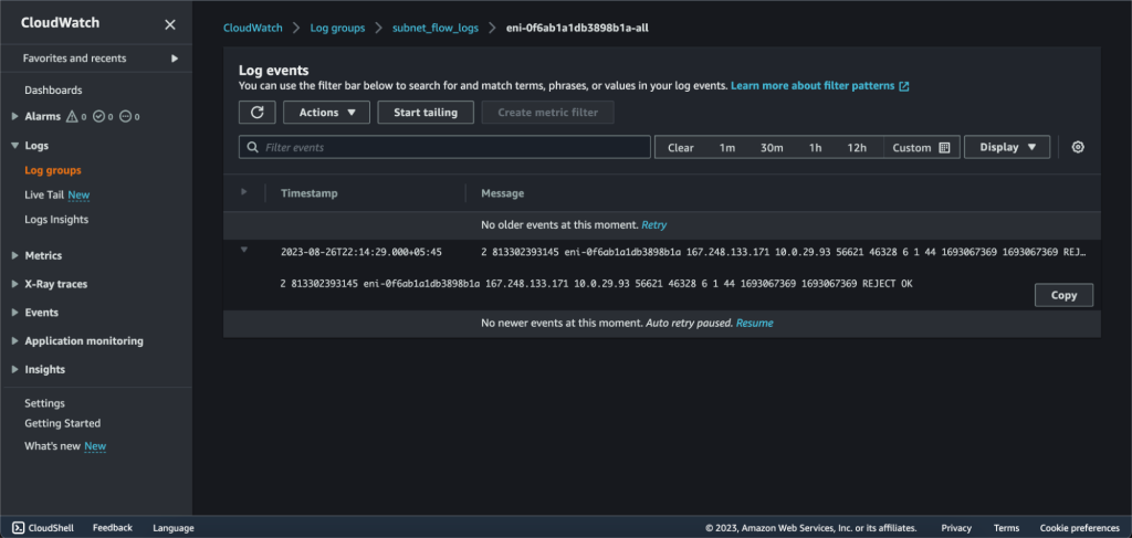 Screenshot showing Logs of the subnet in AWS.