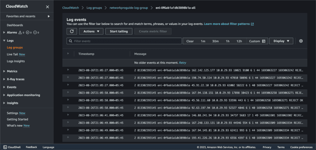 Screenshot showing Logs of the VPC in AWS.