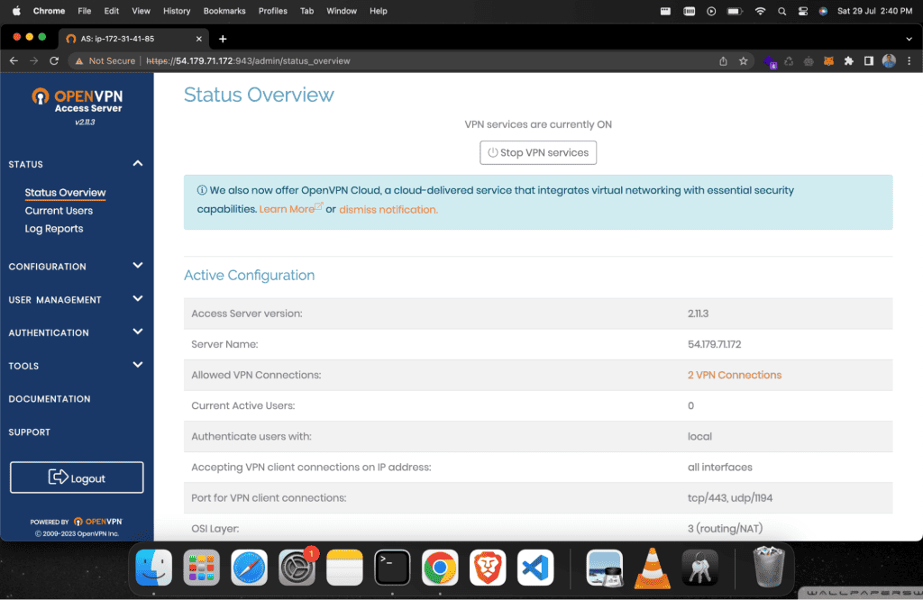 Screenshot showing OpenVPN admin dashboard