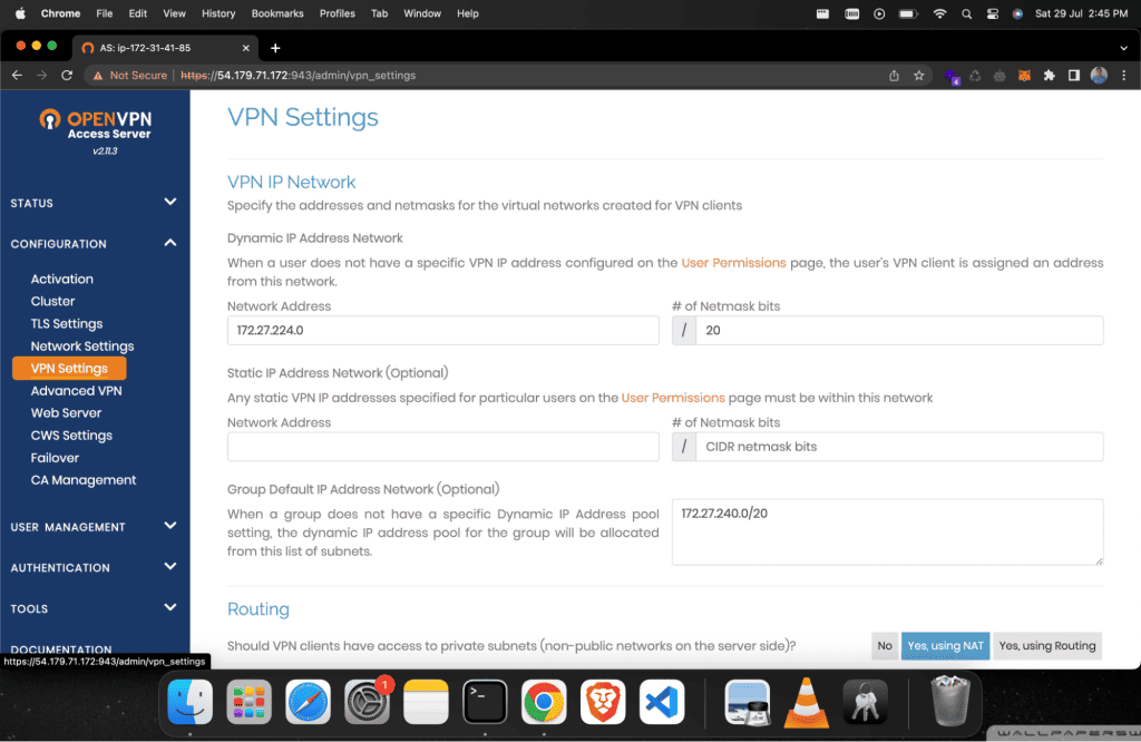 Screenshot showing OpenVPN configuration setting