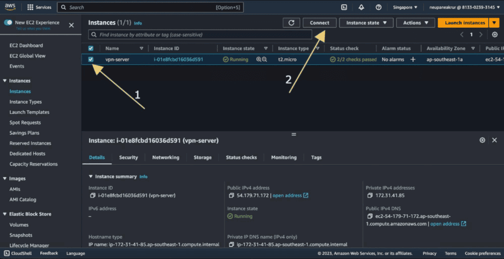 Screenshot showing connecting the instance