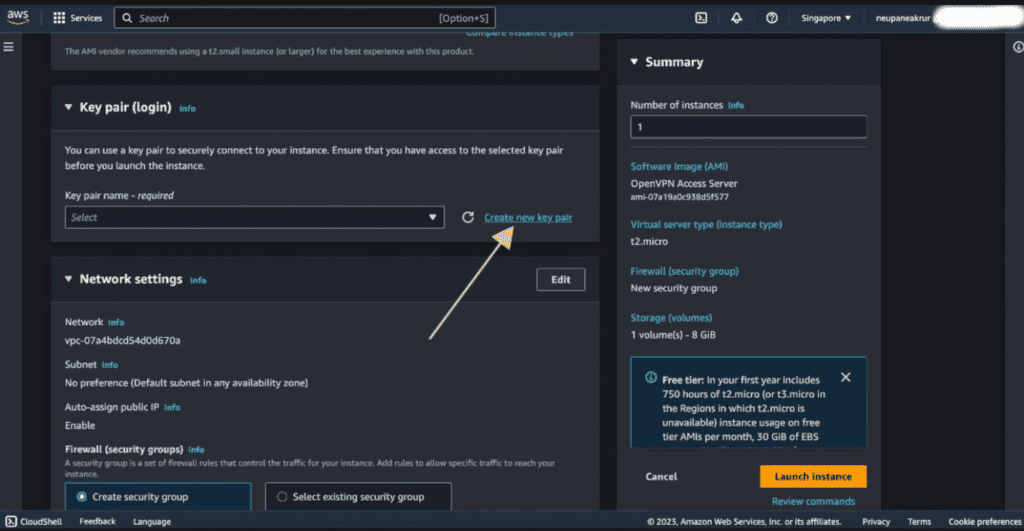 Screenshot showing creating a key pair for instance