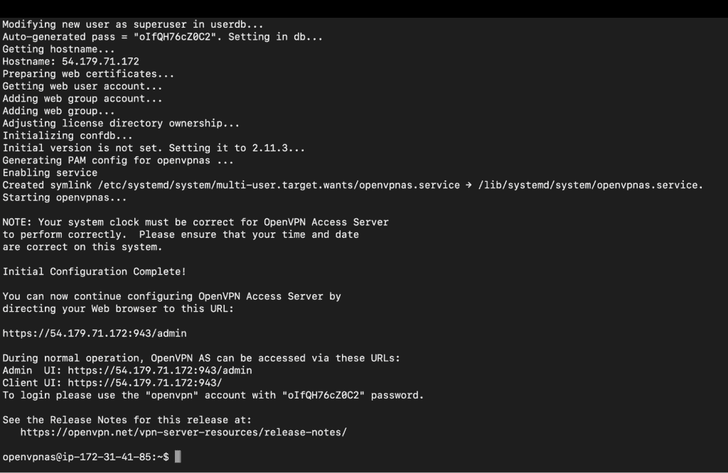 Screenshot showing details of the openvpn server