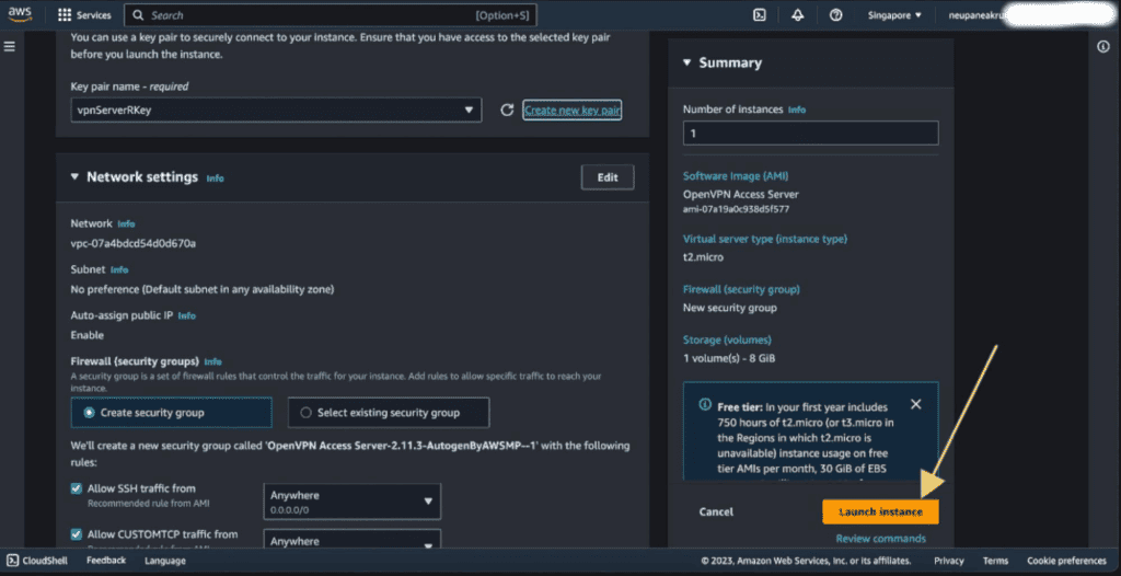 Screenshot showing launching the instance