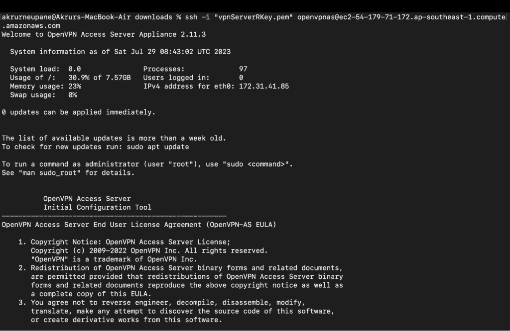 Screenshot showing login to the server through openvpnas username