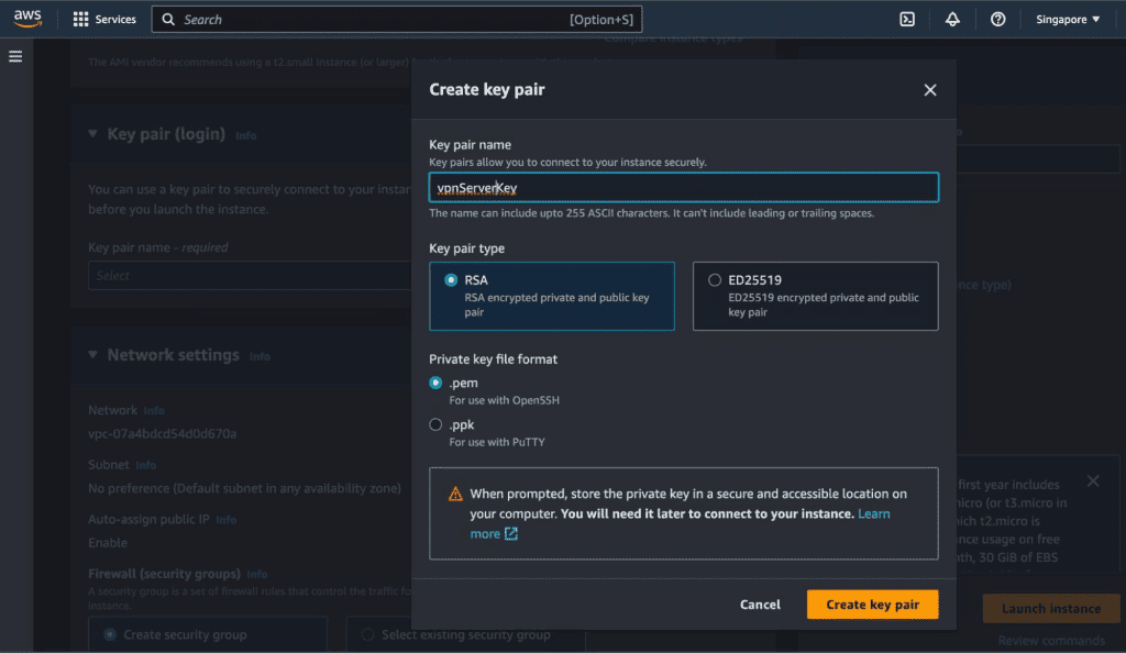 Screenshot showing providing the key pair details