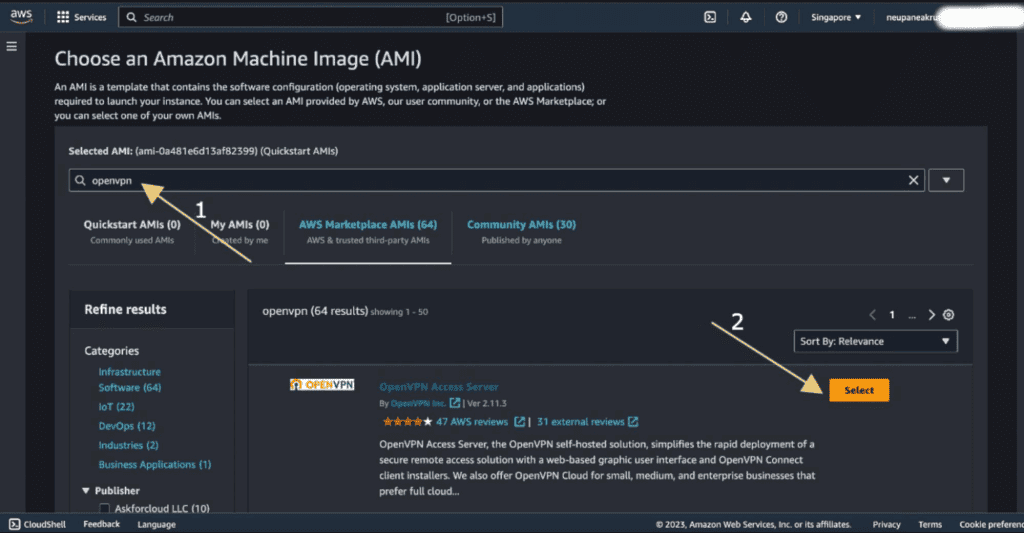 Screenshot showing searching the AMI