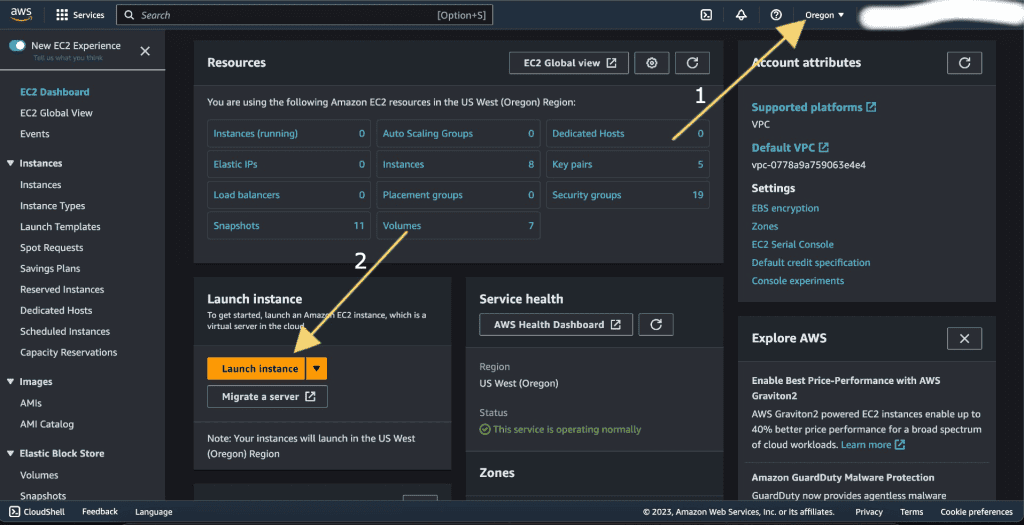Screenshot showing selecting the region and launching the aws instance