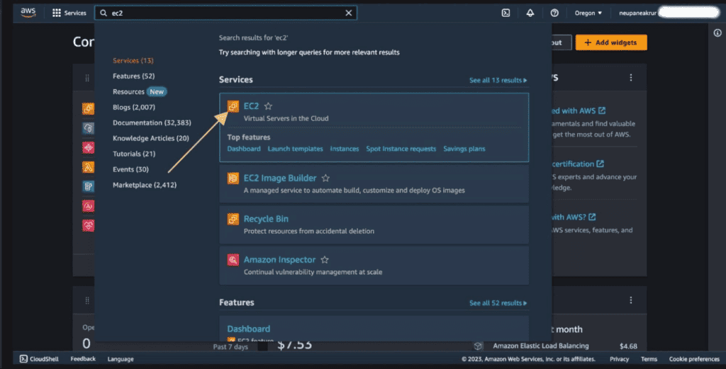 Screenshot showing selecting the AWS EC2 Service