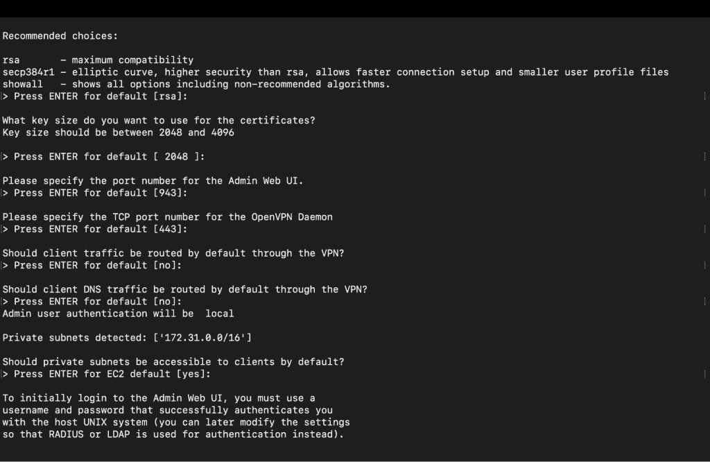 Screenshot showing setting up the default configuration