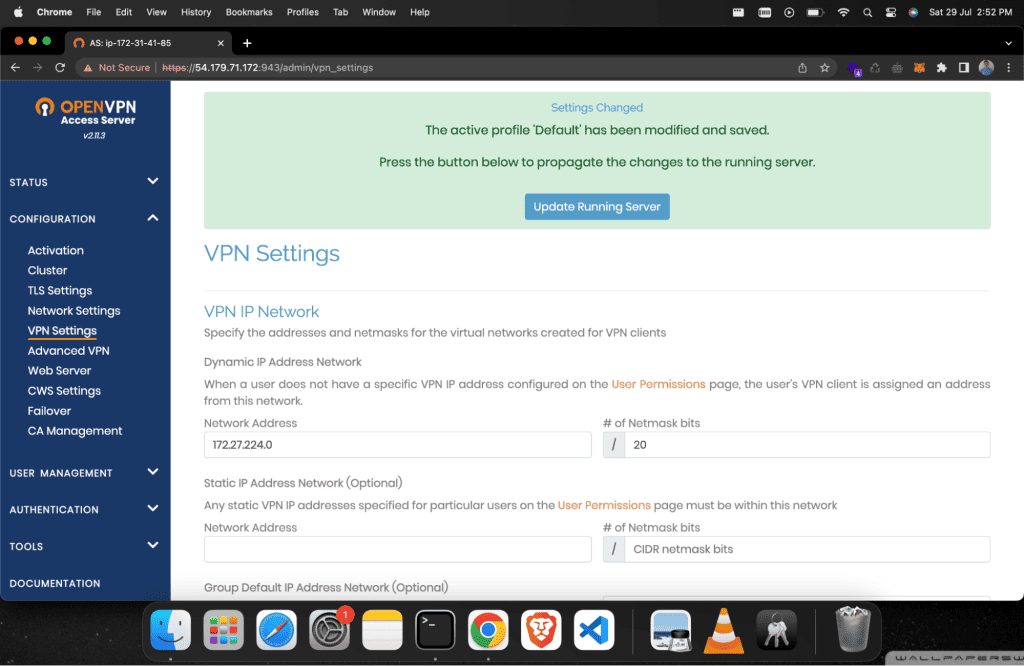 Screenshot showing updating the running server