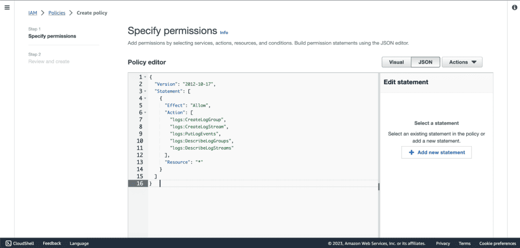 Screenshot showing Pasting JSON policy to permissions in AWS.