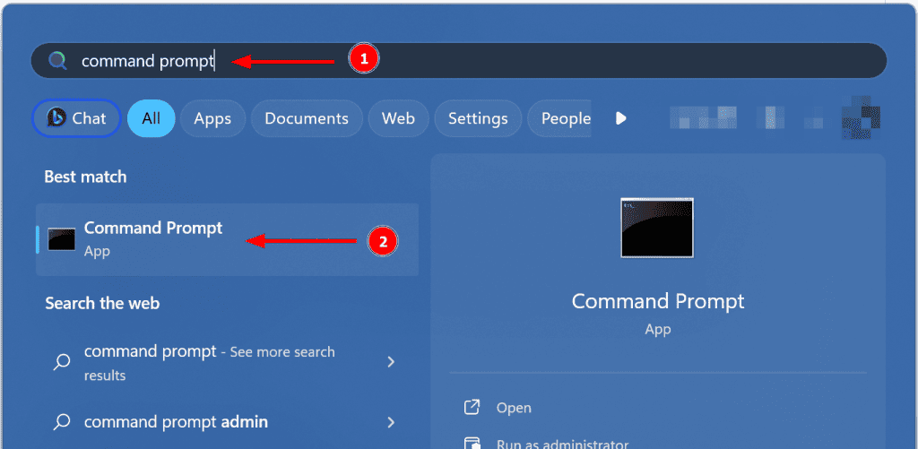 Searching for command prompt application in the Windows 11 start menu.