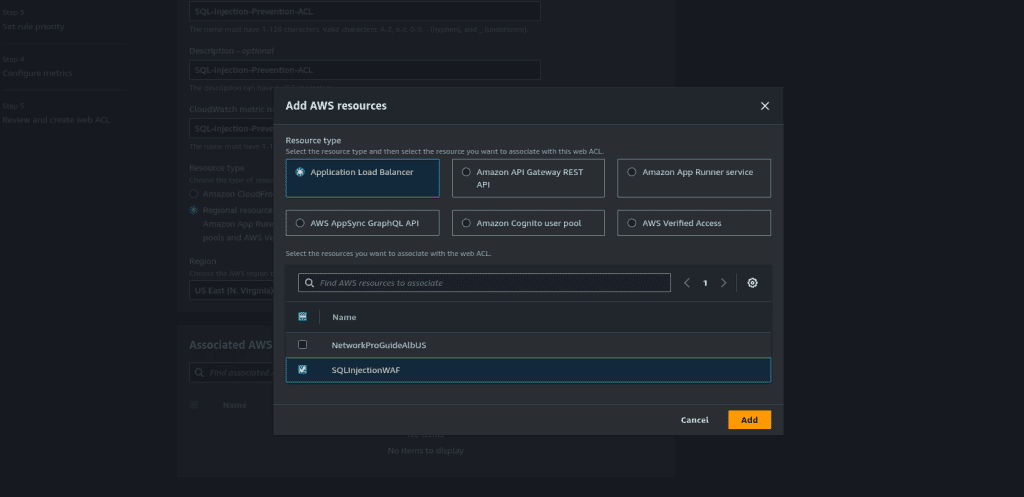 Selecting the ALB for sql injection rule