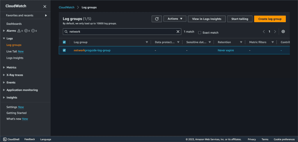 Screenshot showing Selecting Cloudwatch log group in AWS.