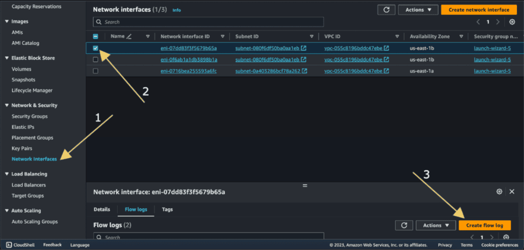 Screenshot showing Selecting the network interface in AWS.