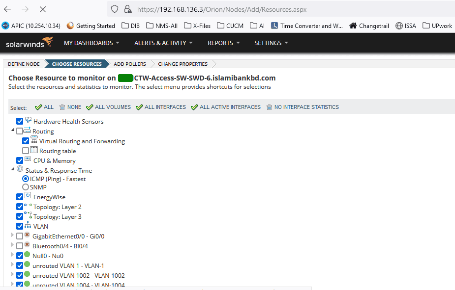 Screenshot showing selecting node resources to monitor via snmp.