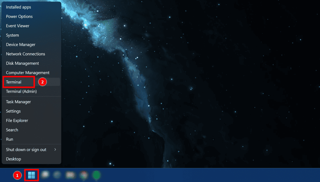 Finding terminal application, which opens PowerShell, in the admin start menu on Windows 11.