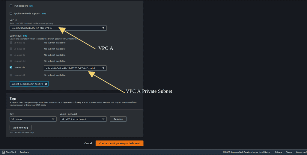 Selecting the VPC and Subnet