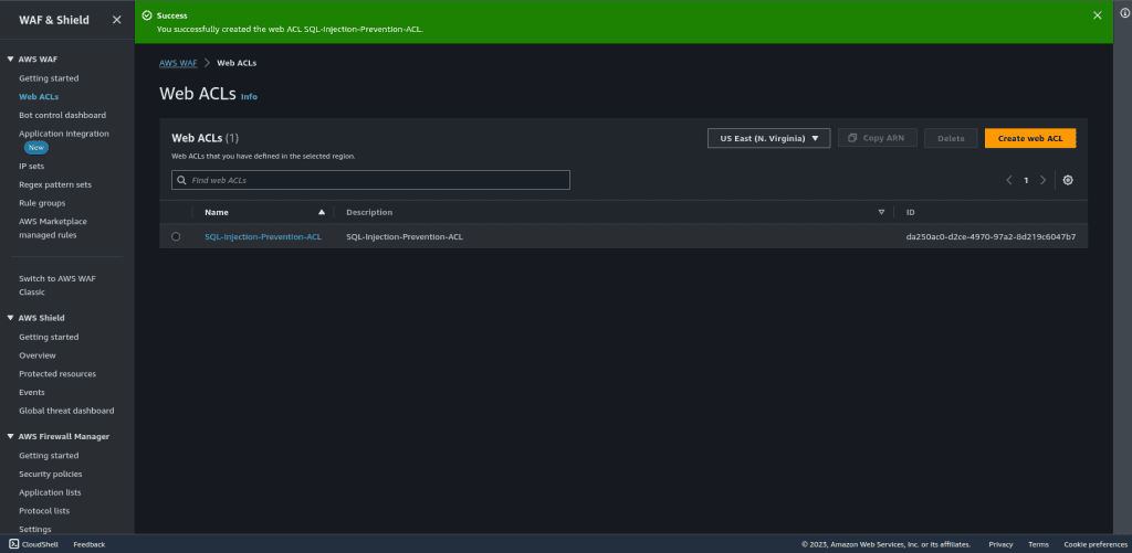 Sql injection Web ACLs created successfully